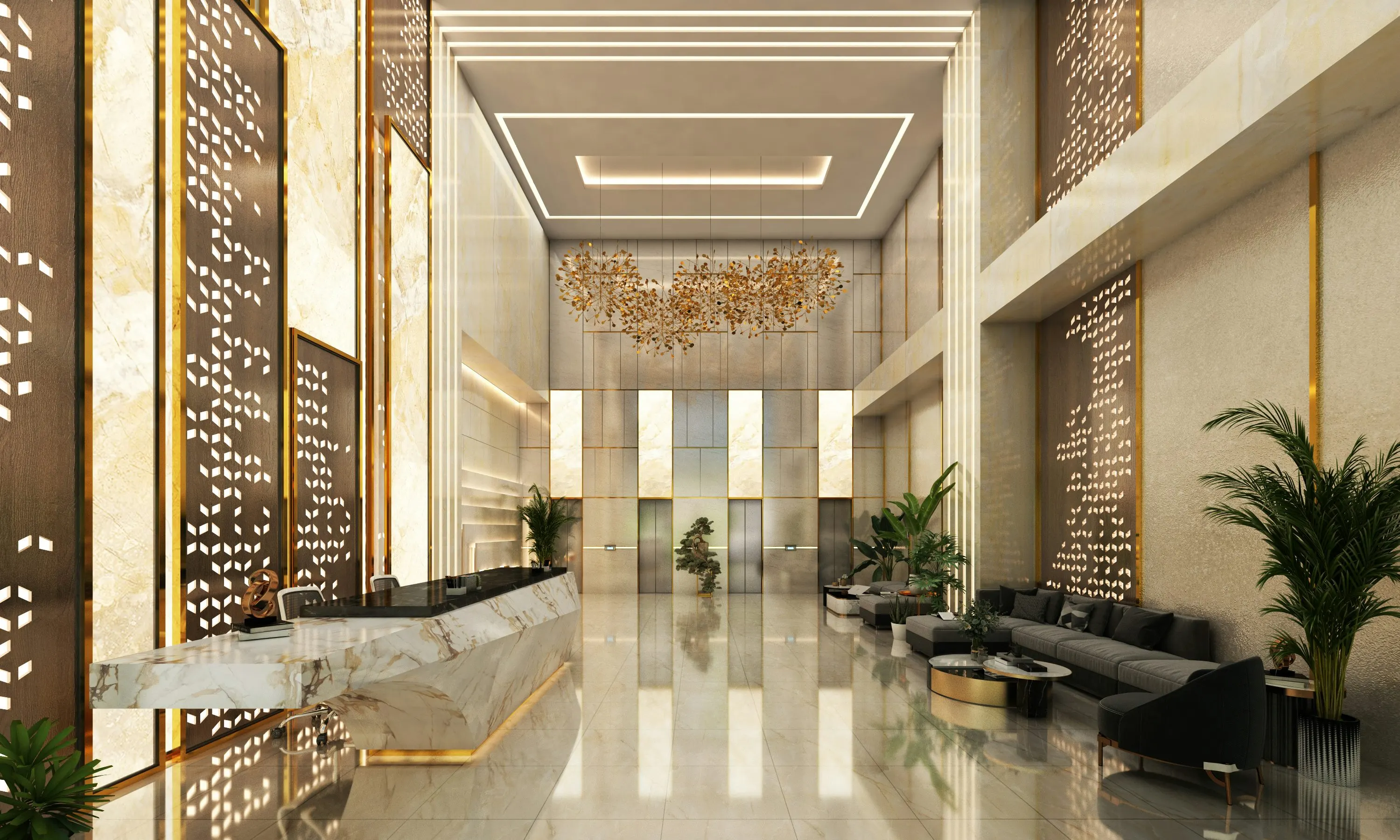 Recepción de hotel de alta gama con diseño interior elegante y gran altura